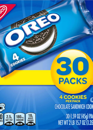 OREO Chocolate Sandwich Cookies, 30 Snack Packs (4 Cookies Per Pack) | Always made with Real Cocoa, Certified Kosher, Individually Wrapped