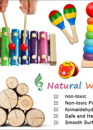 LOOIKOOS Toddler Musical Instruments,Wooden Percussion Instruments for Kids Preschool Educational Musical Toys Set Boys and Girls with Carrying Bag