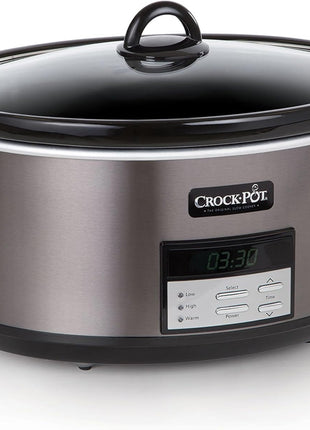 Crock Pot Large 8 Quart Programmable Slow Cooker with Auto Warm Setting Black Stainless Steel