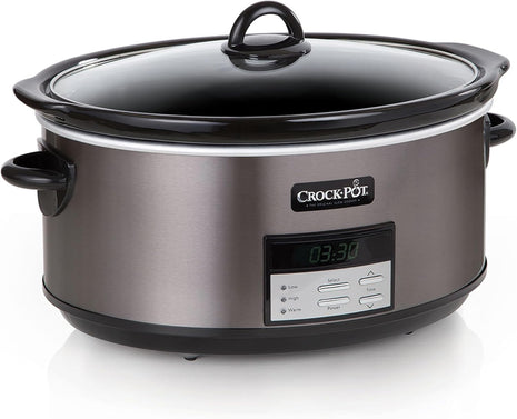Crock Pot Large 8 Quart Programmable Slow Cooker with Auto Warm Setting Black Stainless Steel