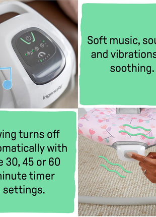 Ingenuity SimpleComfort Lightweight Compact 6-Speed Multi-Direction Baby Swing, Vibrations & Nature Sounds, 0-9 Months 6-20 lbs (Pink Cassidy) | Compact & Portable, Hands Free Soothing for Fussy Babies, Vibrations & USB Power for Newborns, 6-20 lbs