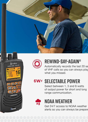 Cobra MR HH600FLTBTGPS Handheld Floating VHF Marine Radio – 6 Watt, GPS, Bluetooth, Submersible, Noise Cancelling Mic, Backlit LCD Display, Memory Scan, Grey
