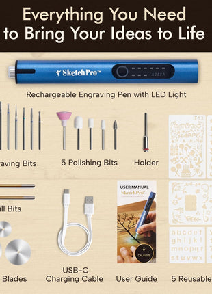 SketchPro Cordless Engraving Pen with LED Light – 3-Speed Precision Etching Tool for Wood, Metal, Glass & Plastic – USB-C Rechargeable, 26 Accessories – Ideal for DIY, Jewelry & Craft Projects