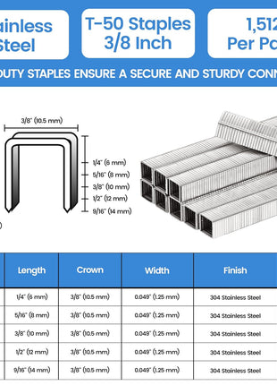 meite T50 Stainless Steel Staples Marine, 3/8 Inch Heavy Duty Staples for Staple Gun - 1512 Counts, 20 Gauge 3/8 Inch Crown T50 Upholstery Staple for Marine Applications
