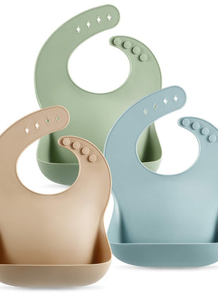 PandaEar Set of 3 Silicone Baby Bibs Waterproof, Soft, Unisex, 10-72 Months (Brown/Blue/Green)