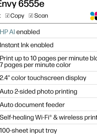 HP Envy 6555e Wireless All-in-One Color Inkjet Printer, Portobello, Print, scan, copy, Duplex printing Best-for-home, 3 month Instant Ink trial included, AI-enabled (714N5A)
