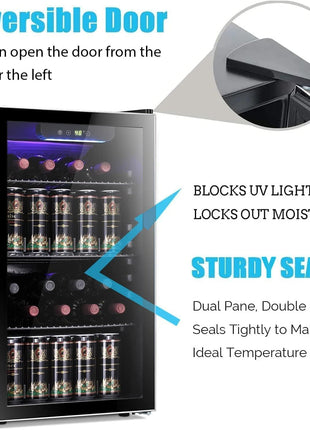 Antarctic Star 26 Bottle 130 Can Wine Cooler/Cabinet Beverage Refrigerator Mini Wine Cellar Beer Soda Clear Glass Door Bar Fridge Quiet Compressor Adjust Temp Freestanding 3.2cu.ft Black