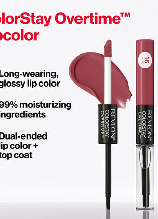 Revlon ColorStay Overtime Lipcolor, 350 Bare Maximum, 0.07 fl oz | Dual-ended liquid lipstick with clear lip gloss. Moisturizing ingredients. Won't smudge, bleed or feather.