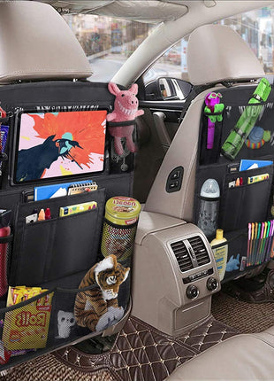 ULEEKA Car Backseat Organizer with 10 inch Table Holder, 9 Storage Pockets Seat Back Protectors Kick Mats for Kids Toddlers, Travel Accessories, 2 Pack