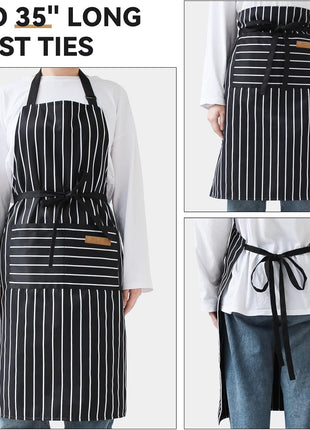 NLUS 2 Pack Kitchen Cooking Aprons, Adjustable Bib Soft Chef Apron with 2 Pockets for Men Women(Black/Brown Stripes)