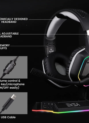 EKSA E1000 USB Gaming Headset for PC, Computer Headphones with Microphone/Mic Noise Cancelling, 7.1 Surround Sound, RGB Light - Wired Headphones for PS4, PS5 Console, Laptop, Call Center