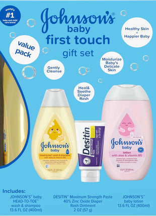 Johnson's First Touch Baby Gift Set, Baby Bath, Skin & Hair Essential Products, Kit for New Parents with Wash & Shampoo, Lotion, & Diaper Rash Cream, Hypoallergenic & Paraben-Free, 4 items