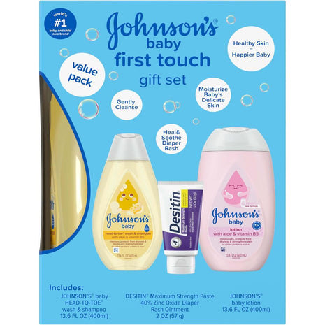 Johnson's First Touch Baby Gift Set, Baby Bath, Skin & Hair Essential Products, Kit for New Parents with Wash & Shampoo, Lotion, & Diaper Rash Cream, Hypoallergenic & Paraben-Free, 4 items