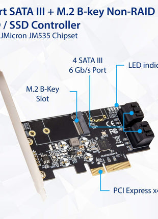 IO Crest SI-PEX40138 Internal 4 Port Non-Raid SATA III 6GB/S with M.2 B-Key 22x42 Pci-E X4 Controller Card for Desktop PC Support SSD and HDD with Low Profile Bracket. JMB585 Chipset