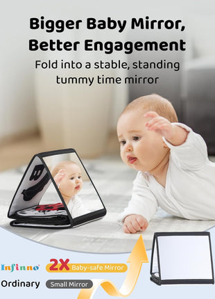 High Contrast Baby Book, Black and White, Tummy Time Mirror Toy | Newborn visual stimulation 0-6 months, Montessori sensory play, soft crinkle pages, folds flat, ties to crib and stroller