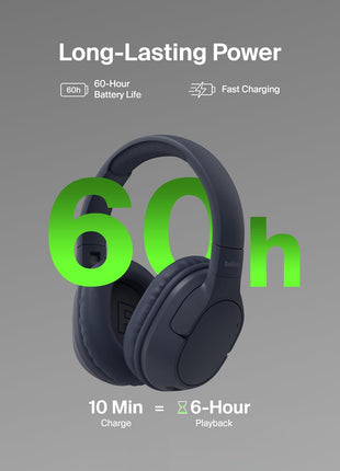 Belkin SoundForm Surround Bluetooth Over-Ear Headphones - Environmental Noise Cancelling Headphones - Wireless w/ 60H Playtime & Soft Ear Cups for iPhone, Galaxy, iPad, Travel, Home, or Office - Blue