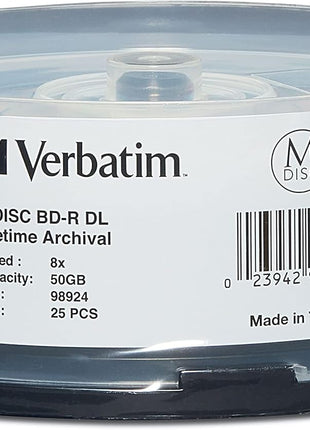 Verbatim M DISC BD-R DL 50GB 8X with Branded Surface Blank Blu-Ray Recordable Media – 25pk Spindle,White