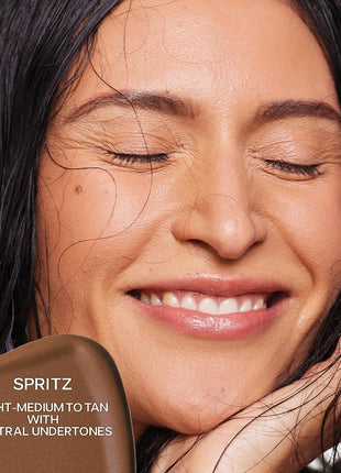 Saie Radiant Glow Duo - Dew Bronze Soft-Focus Liquid Bronzer in Spritz (0.4 oz) & Mini Glowy Super Gel Lightweight Illuminator in Sunglow (0.5 oz), Hydrating Makeup Essentials for a Sun-Kissed Glow