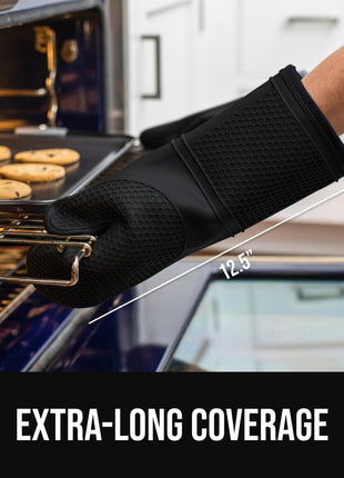 GORILLA GRIP BPA-Free Soft Silicone Oven Mitts, 550F Heat Resistant Waterproof Cooking Safety Gloves, Thick Cotton Lining, Flexible Gripping for BBQ Grilling, Kitchen Potholders Set, 12.5x8.3, Black