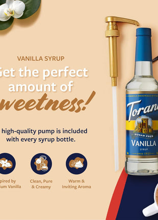 Torani Sugar Free Coffee Syrup, Vanilla Flavored Syrup for Drinks, Zero Calorie, Pump Included, 25.4 Fl Oz