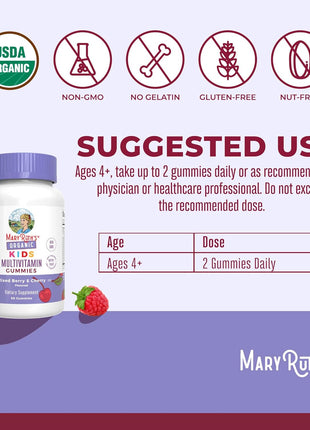 MARYRUTH'S USDA Organic Multivitamin Gummies, Ages 4+, Kids Vitamins, 60ct | 1 Month Supply, Vegan, Only 2 Gummies a Day, 60 Count