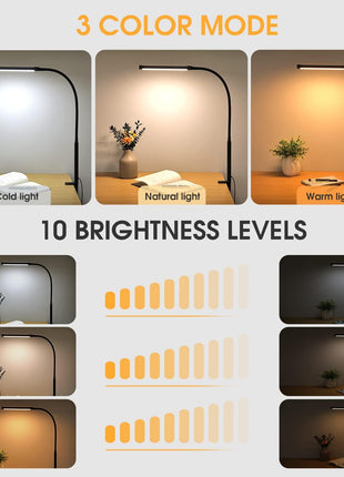 Voncerus LED Desk Lamp with Clamp, Eye-Caring Clip on Lights for Home Office, 3 Modes 10 Brightness, Long Flexible Goose-Neck, Metal, Swing Arm Architect Task Table Lamps with USB Adapter, Black