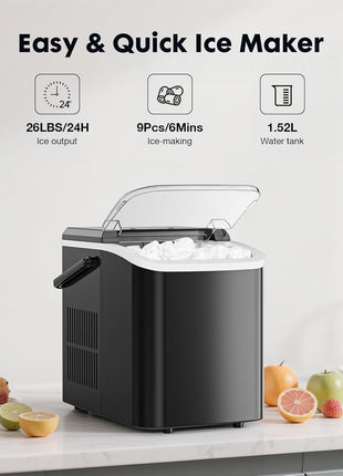 Sweetcrispy Countertop Ice Maker with Scoop, Basket and Handle, Portable Ice Machine 9 Cubes Ready in 6 Mins, 26.5lbs in 24Hrs, 2 Sizes for Home Kitchen Office Bar Party, Coal Black