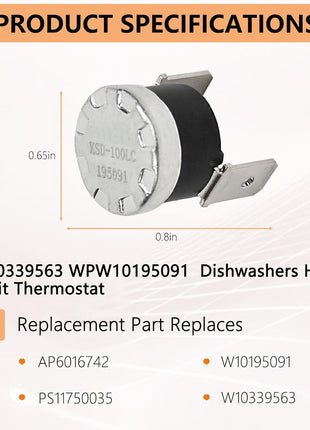 W10339563 Thermostat Replacement for Whirlpool Dishwashers W10195091 WPW10195091 PS11750035 Compatible with Multiple Models