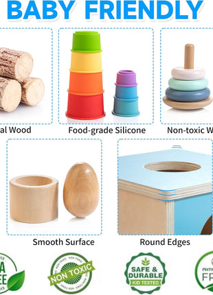 WOODMAM Montessori Toys for Babies 7-12 Months, 9 in 1 Educational Play Kit | Baby Toys 7-12 Months, Object Permanent Box, Stacking Cups, Mirror Puzzle, Ring Stacker, Baby Learning Toys, Baby Gifts