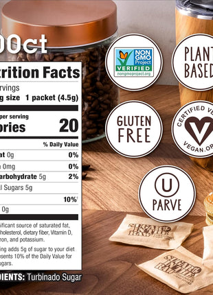 Sugar In The Raw Turbinado Cane Sugar Packets, 200 Ct Box, 1 Pack, Pure, All-Natural Turbinado Sugar, Non-GMO Project Verified, Kosher, Vegan and Gluten Free