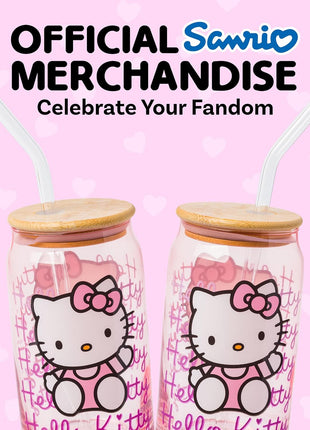 Silver Buffalo Sanrio Hello Kitty Waving Pink Glass Jar Tumbler with Bamboo Lid and Glass Straw, 16 Ounces