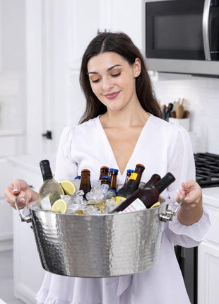 BREKX Insulated Hammered Stainless Steel Beverage Tub & Ice Bucket, 12QT | Double-wall insulated tub keeps beer, wine and champagne chilled. Double-hinged handles make carrying easier.
