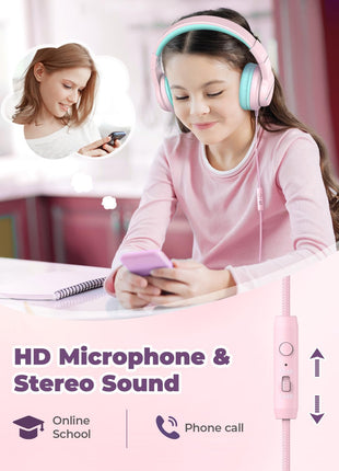 iClever HS19 Kids Headphones with Microphone for School, Safe Volume Limited, Over-Ear Girls Boys Headphones for Kids with Shareport, Foldable Wired for iPad/Travel (Pink)