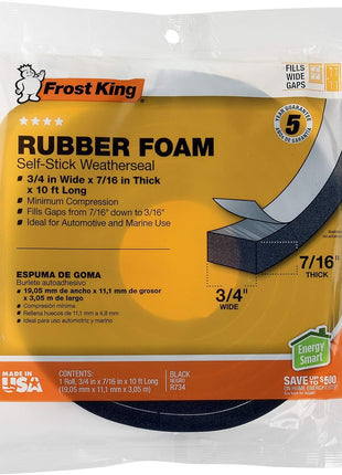 Frost King R734H Sponge Rubber Foam Tape 3/4 inch W X 7/16 inch H X 10' L, Black