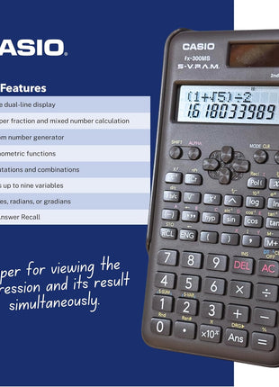 Casio fx-300MS Plus 2nd Edition – Standard Scientific Calculator with 2-Line Display | 10-Digit LCD, Trig, Stats, Fractions | Ideal for High School Algebra, Trigonometry & Test Prep