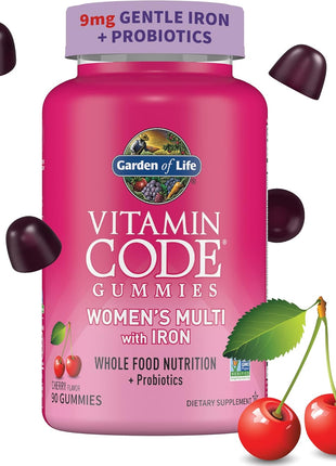 Garden of Life Vitamin Code Women's Multivitamin Gummy with Iron: Folate, Biotin, D3 & B12 for Hair, Skin & Nails + Probiotics for Immune Health & Digestion, Non-GMO, Gluten-Free, 90 Cherry Gummies