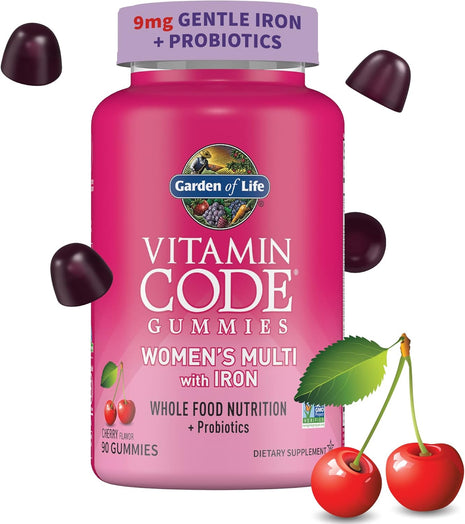 Garden of Life Vitamin Code Women's Multivitamin Gummy with Iron: Folate, Biotin, D3 & B12 for Hair, Skin & Nails + Probiotics for Immune Health & Digestion, Non-GMO, Gluten-Free, 90 Cherry Gummies