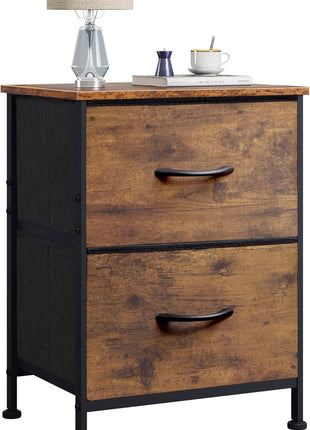 WLIVE Night Stand, Small 2 Drawer Dresser, Nightstand with Fabric Bins for Bedroom, Closet, Dorm, Rustic Brown Wood Grain Print, 11.8 inch D x 15.7 inch W x 20.9 inch H