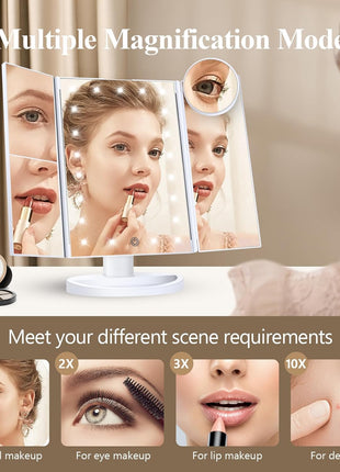 HUONUL Makeup Mirror, Vanity Mirror with Lights, 2X/3X/10X Magnification, Touch Control, Trifold, Dual Power Supply, Birthday Gifts for Women, Wife, Mom, Girls,Dorm Room Essentials