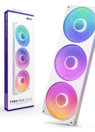 NZXT F360 RGB Core - 360mm Single-Frame RGB Fan Unit - White | 360mm single-frame unit with three 120mm RGB fans on one cable. Speed and lighting controlled through CAM.