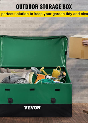 VEVOR Outdoor Storage Box, 230 Gallon Waterproof PE Tarpaulin Deck Box w/Galvanized Frame, All-Weather Protection & Portable, for Camping, Garden, Poolside, and Yard, Black & Green