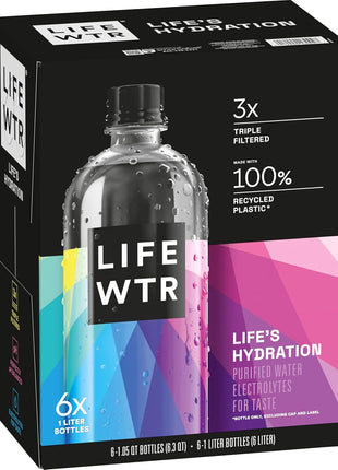 LIFEWTR Premium Purified Water, pH Balanced with Electrolytes, 100% recycled plastic bottles, 33.8 Fl Oz, 1L (Pack of 6)