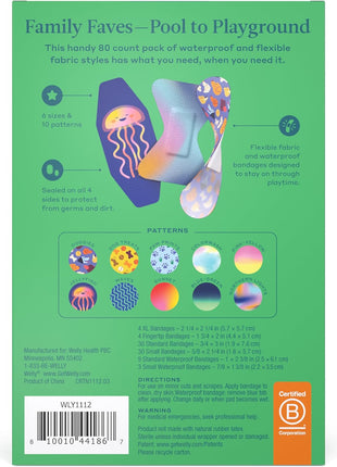Welly Bandage Family Pack | Adhesive Flexible Fabric & Waterproof Bandages | Assorted Shapes and Patterns for Minor Cuts, Scrapes, and Wounds - 80 Count