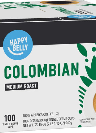 Happy Belly Medium Roast Coffee Pods, Colombian, Compatible with Keurig 2.0 K Cup Brewers, 100 Count