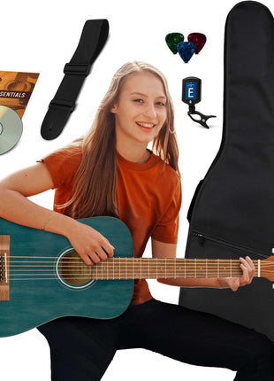 Fender FA 15 3/4 Scale Kids Steel String Acoustic Guitar   Blue Learn to Play Bundle with Gig Bag, Strap, Picks, Fender Play Online Lessons, and Austin Bazaar Instructional DVD