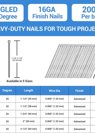 meite 16 Gauge Angled Finish Nails 2-1/2-Inch 20-Degree Galvanized Finishing Nails for Electric or Pneumatic Nailer Guns - Perfect for Window Trim, Cabinet Building and Other DIY Projects (2,000 PCS)