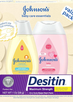 Johnson's Baby Care Essentials Gift Set, Body Lotion, & Zinc Oxide Diaper Rash Paste for Baby's Delicate Skin, Value Pack, Travel-Size, Bath Essentials Must Haves, Baby Gifts, 3 Items