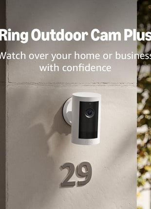 Ring Outdoor Cam Plus, Battery (newest model), Home or business security, Wide-Angle 2K Video with Ring Vision, Low-Light Sight for full-color night vision, Mount-Anywhere Versatility, White