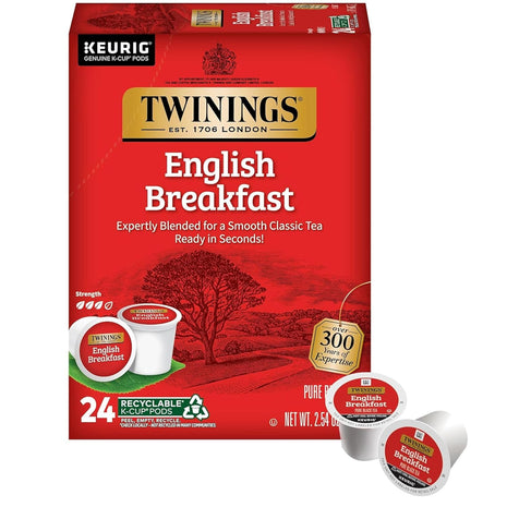 Twinings English Breakfast Black Tea K-Cups for Keurig, 24 CT (1 Pack) | A Smooth Classic Tea, Flavourful, Robust, Naturally Caffeinated, 24 K-Cup Pods for Single Serve Brewers, Enjoy Hot or Iced