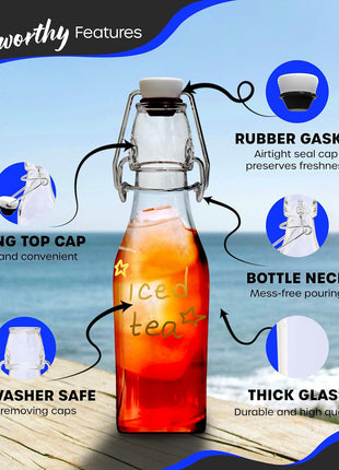 Nevlers 8.5 Oz Swing Top Glass Bottles with Airtight Lid 12 Pack | Square Flip Top Glass Bottle Set with Foldable Funnel, Cleaning Brush & Gold Marker | 250 mL Clear Syrup Container & Sauce Bottles